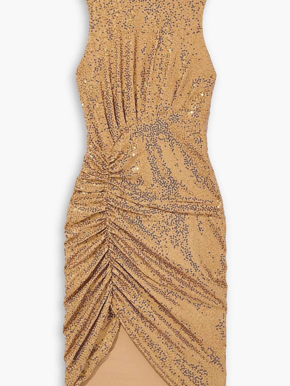 ruched sequined crepe turtleneck dress