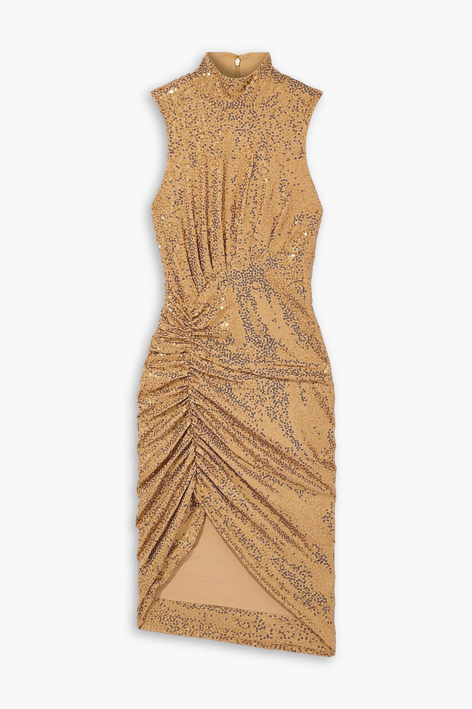 Michael Kors Ruched Sequined Crepe Turtleneck Dress In Camel