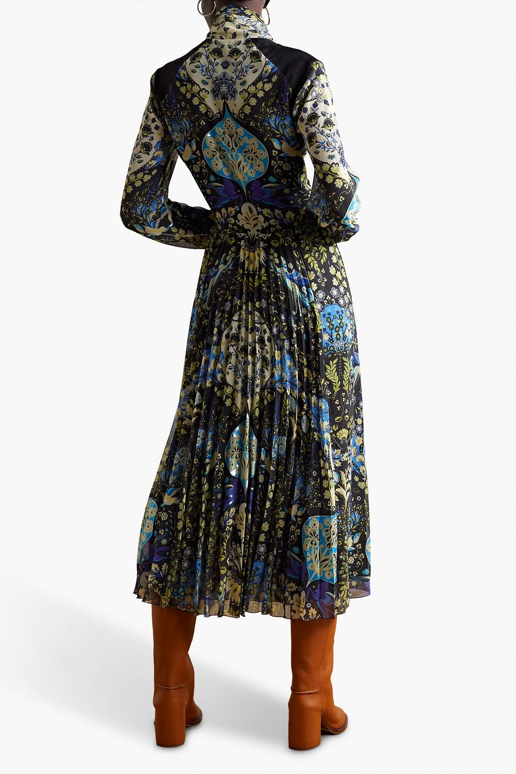 ETRO シフォン ミディワンピース リボンタイ タック&プリント入り