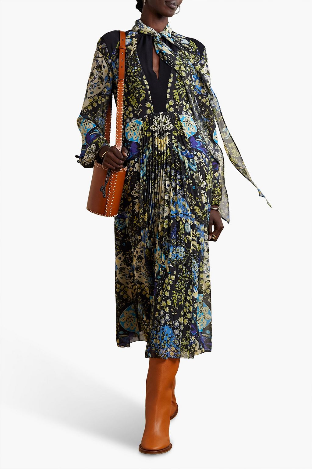 ETRO シフォン ミディワンピース リボンタイ タック&プリント入り