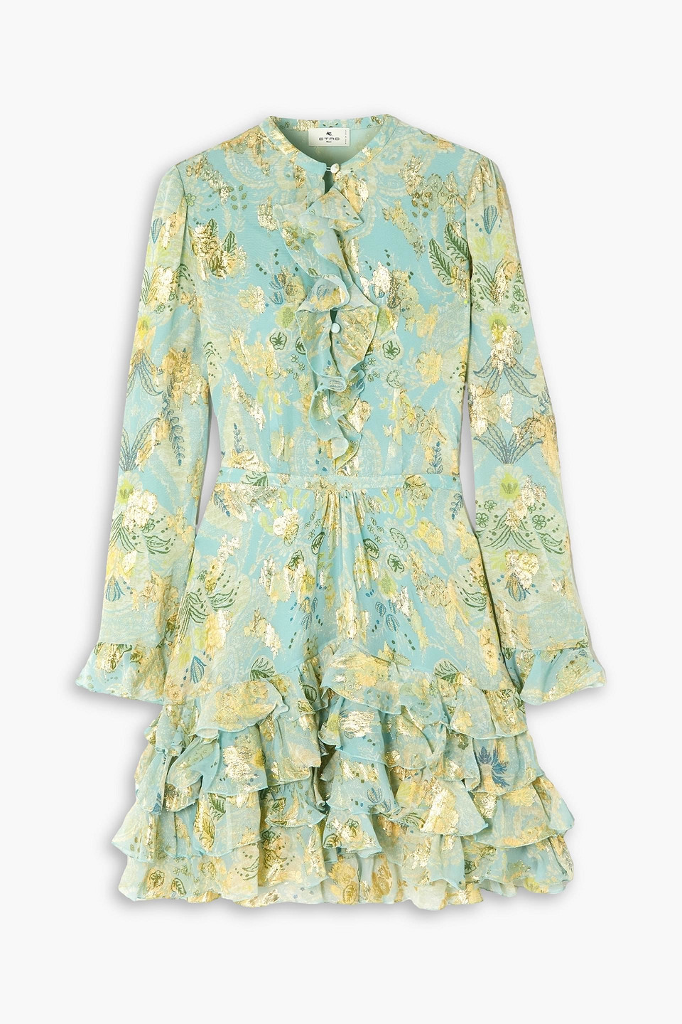 Shop Etro Ruffled Metallic Floral-jacquard Silk-chiffon Mini Dress In Turquoise