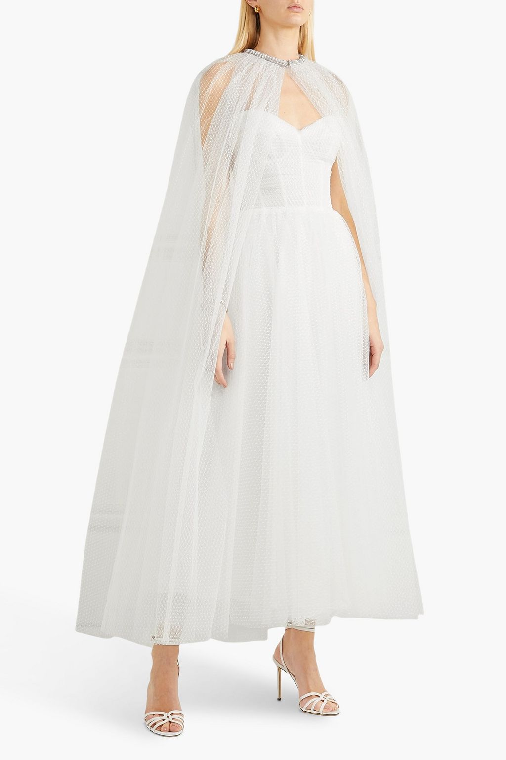 MONIQUE LHUILLIER Brie crystal-embellished Swiss-dot tulle cape