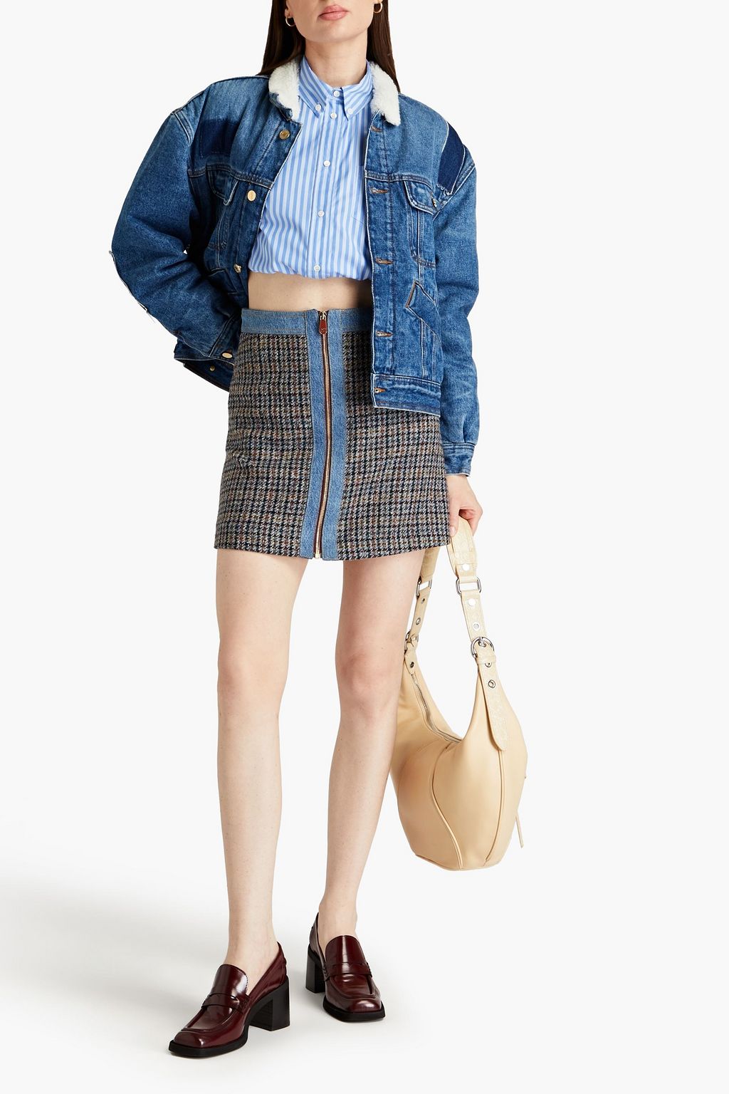SANDRO Denim-trimmed checked tweed mini skirt