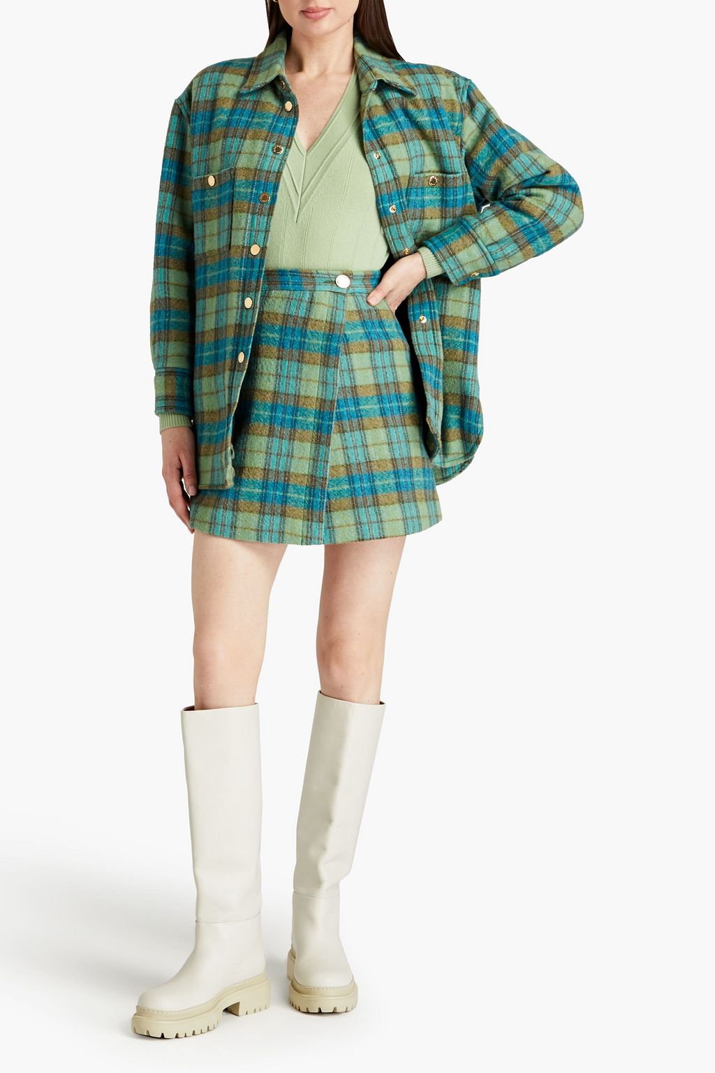 SANDRO Checked wool-tweed mini wrap skirt