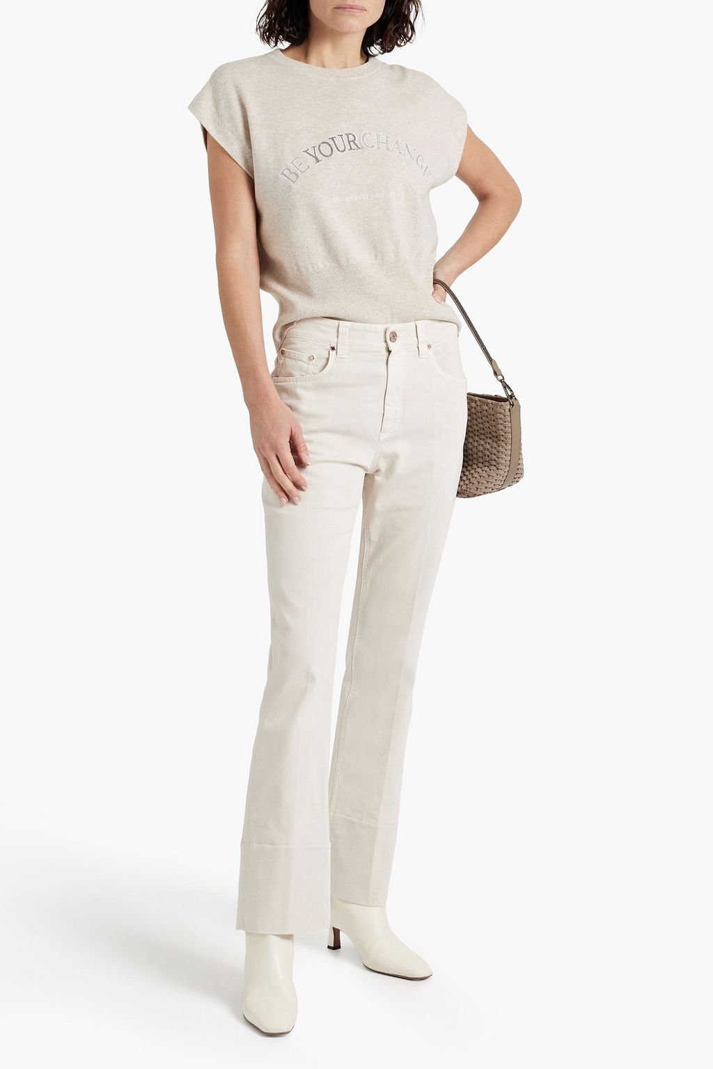 BRUNELLO CUCINELLI Bead-embellished embroidered wool, cashmere and silk-blend top