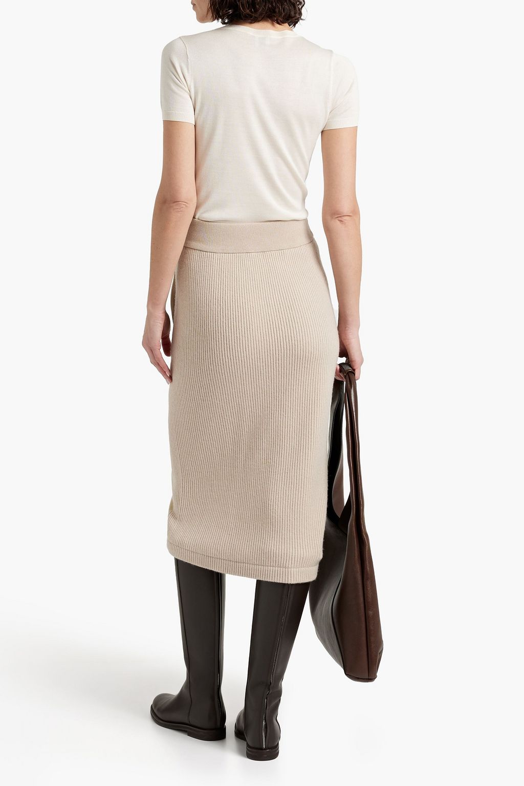 BRUNELLO CUCINELLI Suede-paneled ribbed cashmere midi skirt