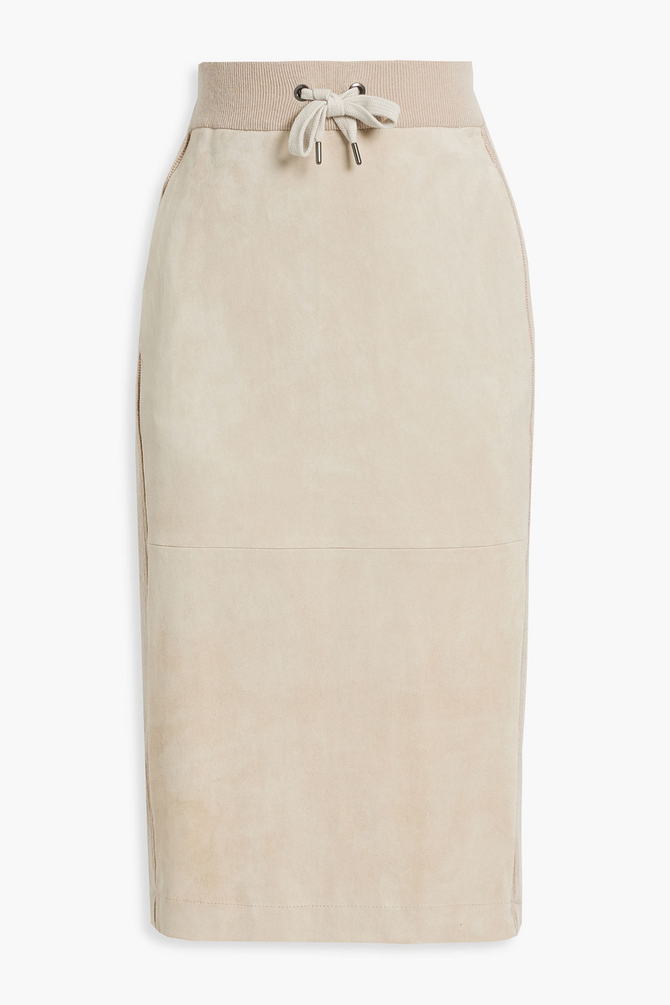 Brunello Cucinelli Suede-paneled Ribbed Cashmere Midi Skirt In Beige