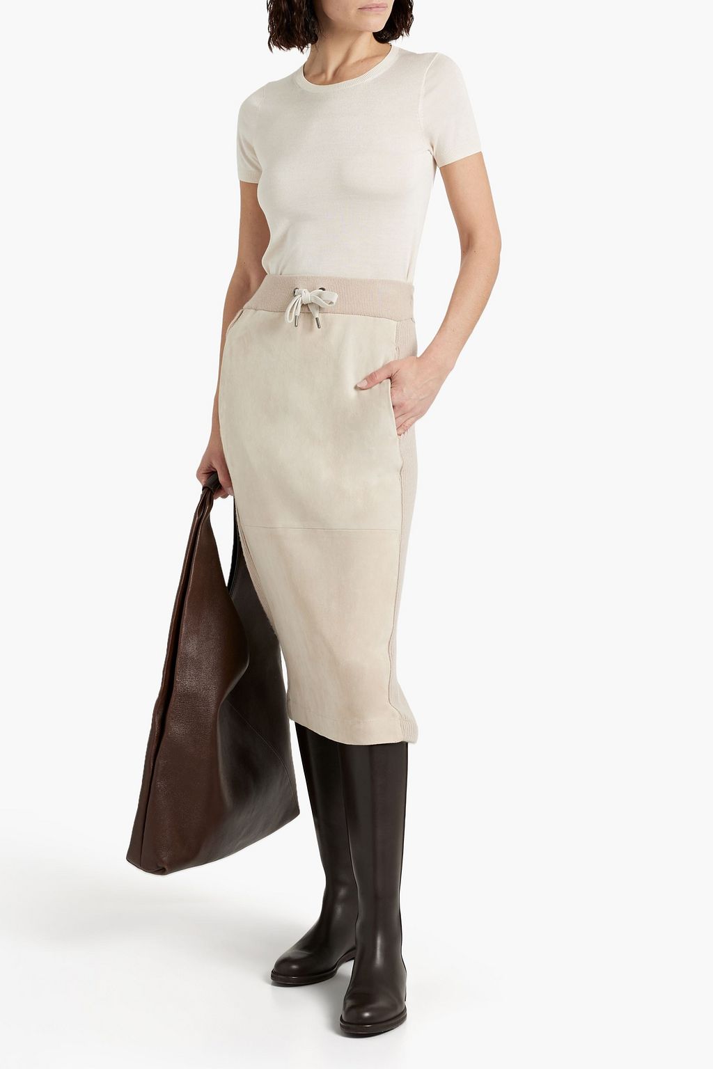 BRUNELLO CUCINELLI Suede-paneled ribbed cashmere midi skirt