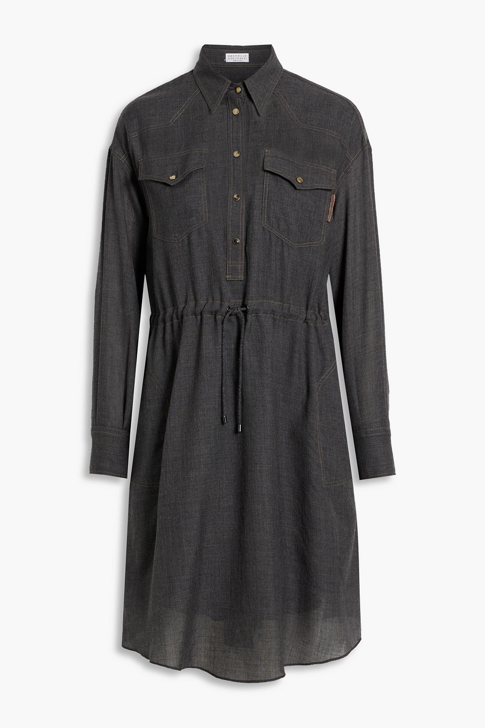 Brunello Cucinelli Hemdkleid Aus Woll-chambray Mit Zierperlen In Dark Gray