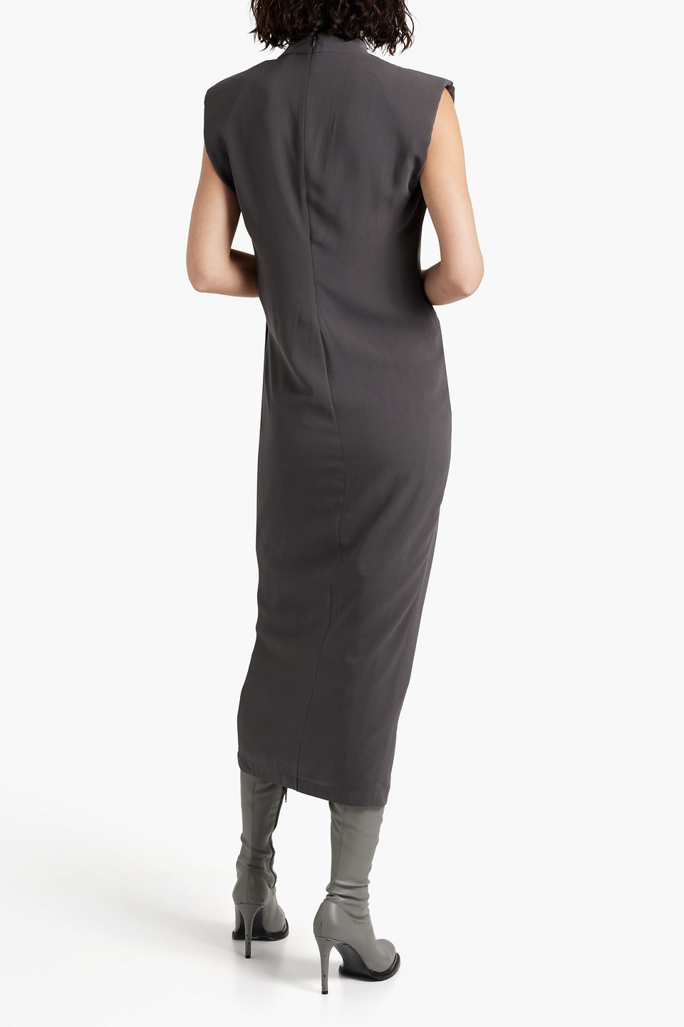 Shop Brunello Cucinelli Wrap-effect Silk-crepe Midi Dress In Dark Gray