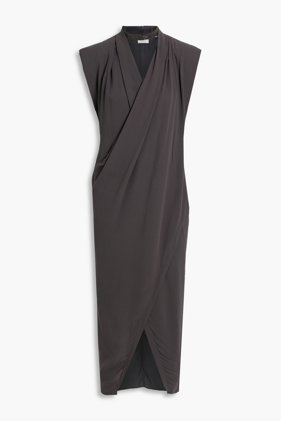 Brunello Cucinelli Wrap-effect Silk-crepe Midi Dress In Dark Gray