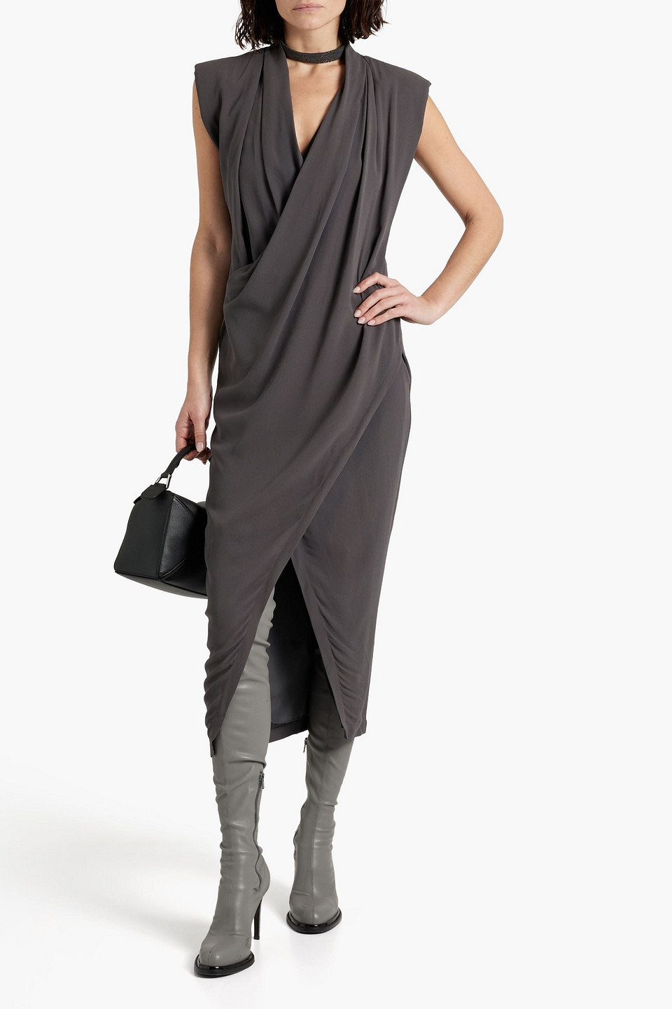 Shop Brunello Cucinelli Wrap-effect Silk-crepe Midi Dress In Dark Gray