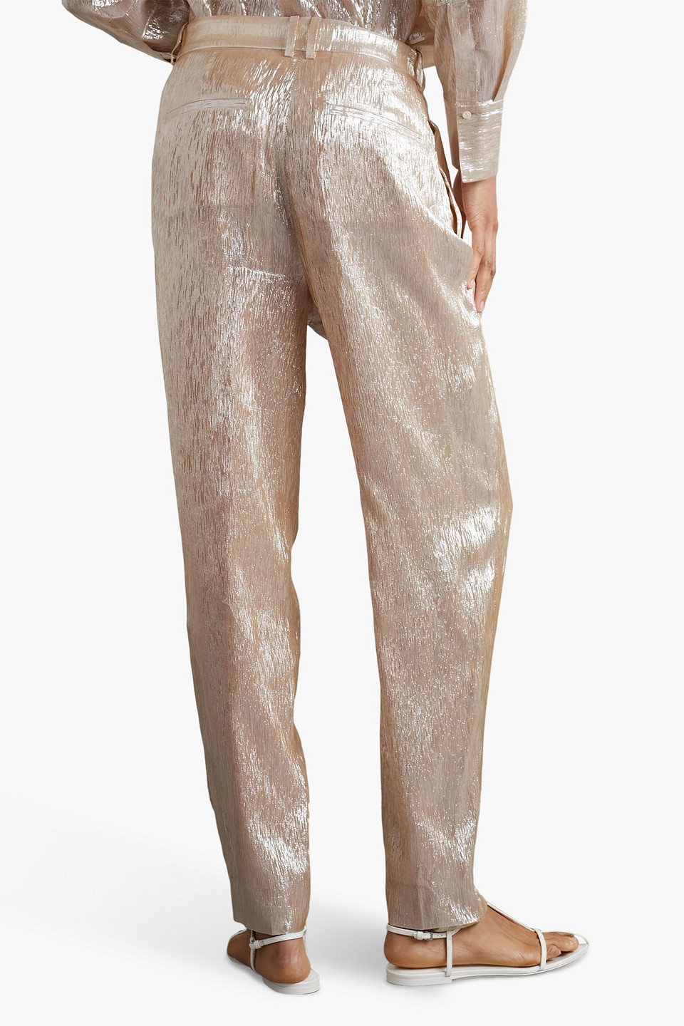 Shop Partow Bacall Silk-blend Lamé Tapered Pants In Beige