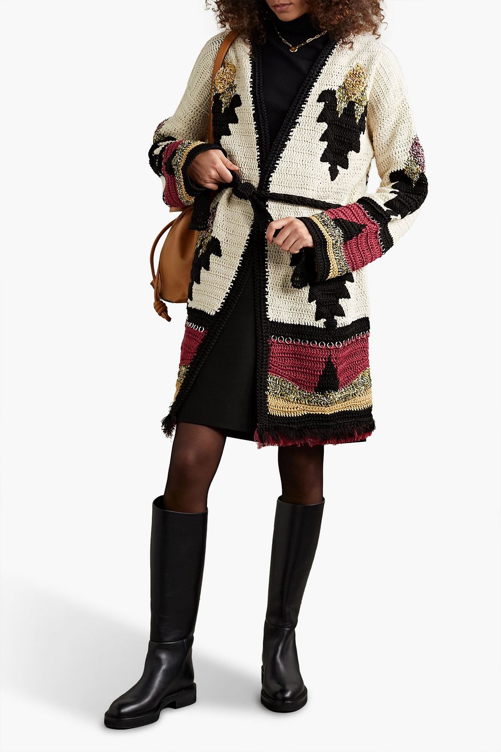 ETRO Belted embellished intarsia linen, silk and cotton-blend cardigan
