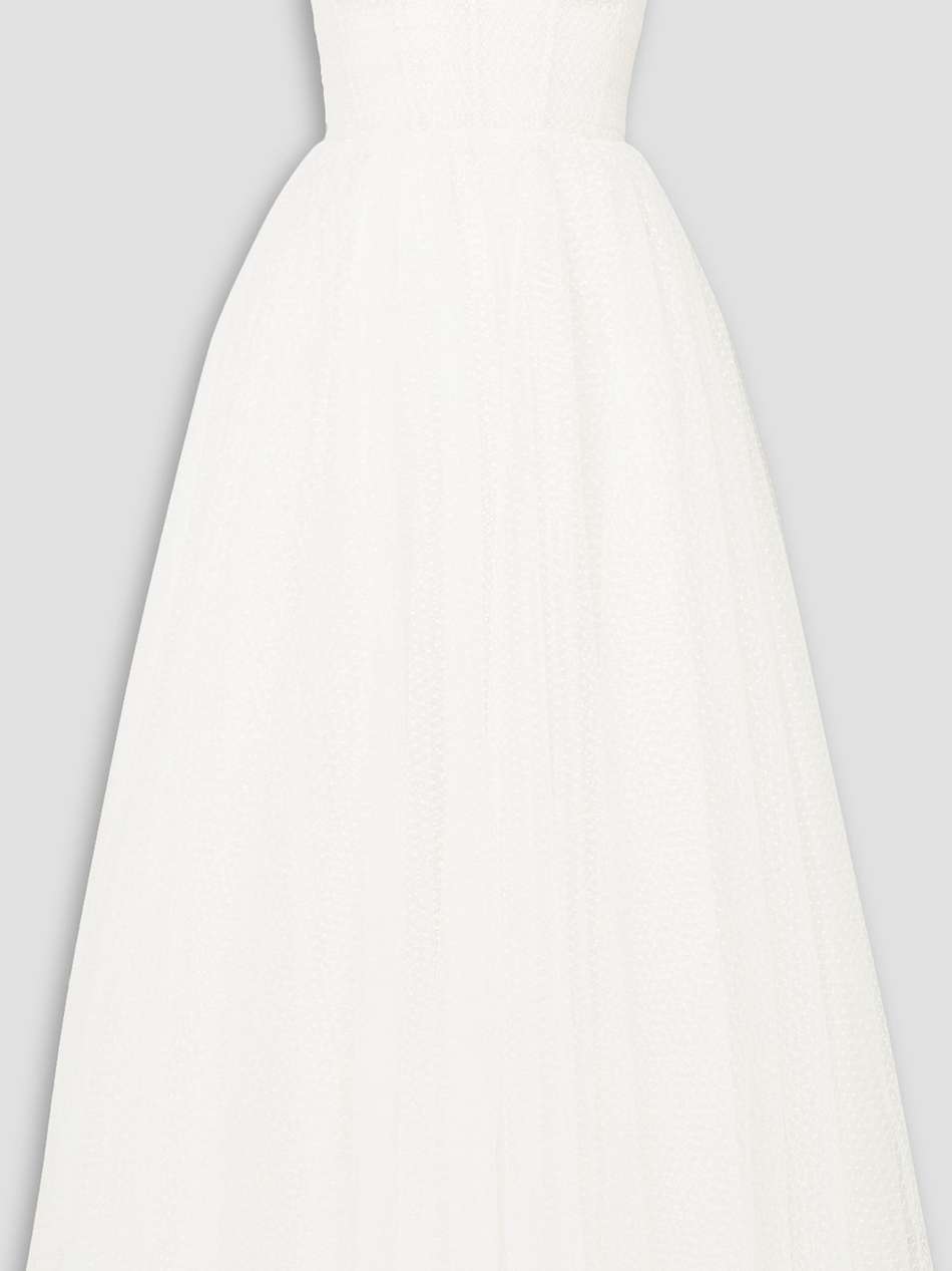 brie strapless ruched swiss-dot tulle gown