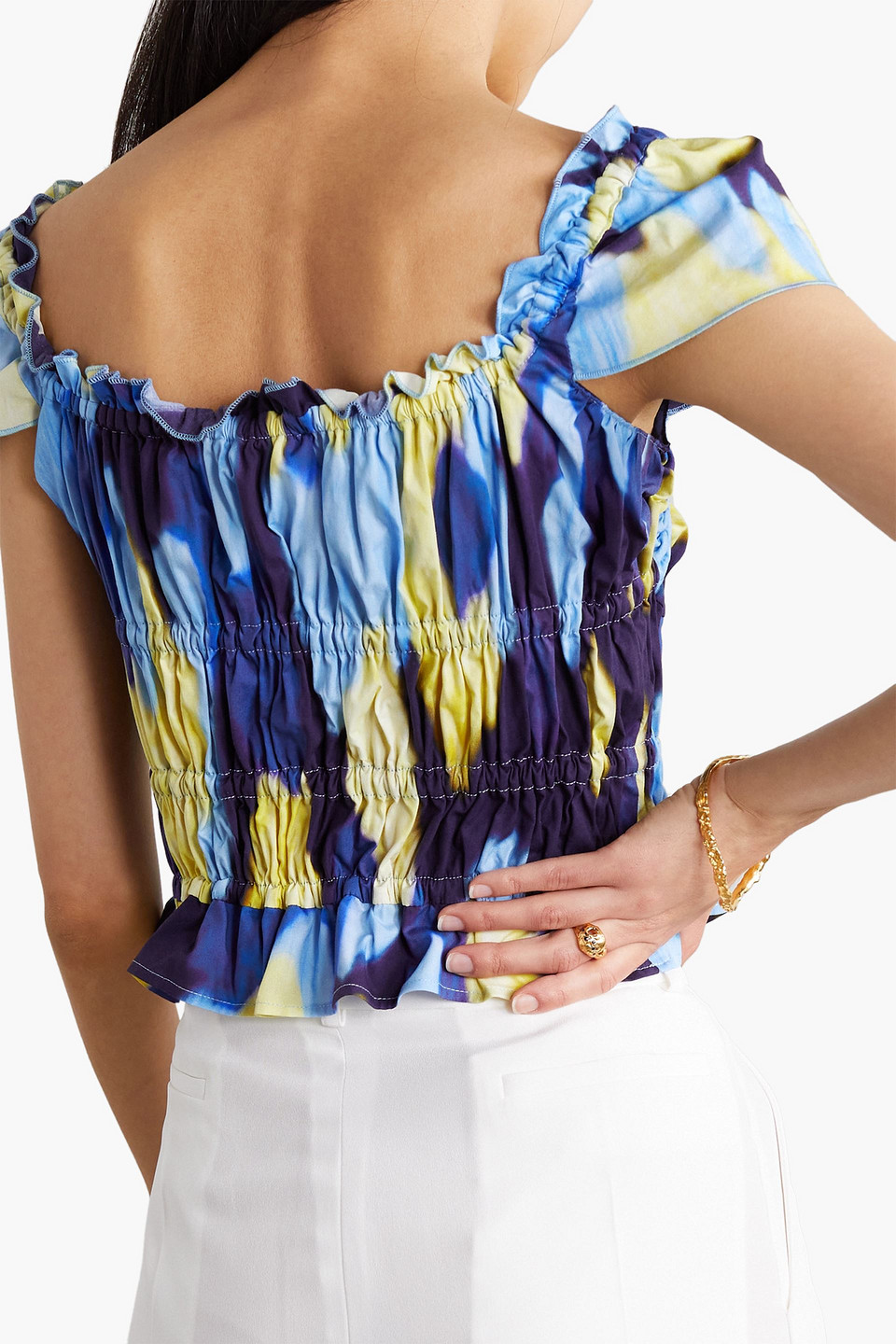 Shop Altuzarra Darcey Ruffled Printed Stretch-cotton Poplin Top In Blue