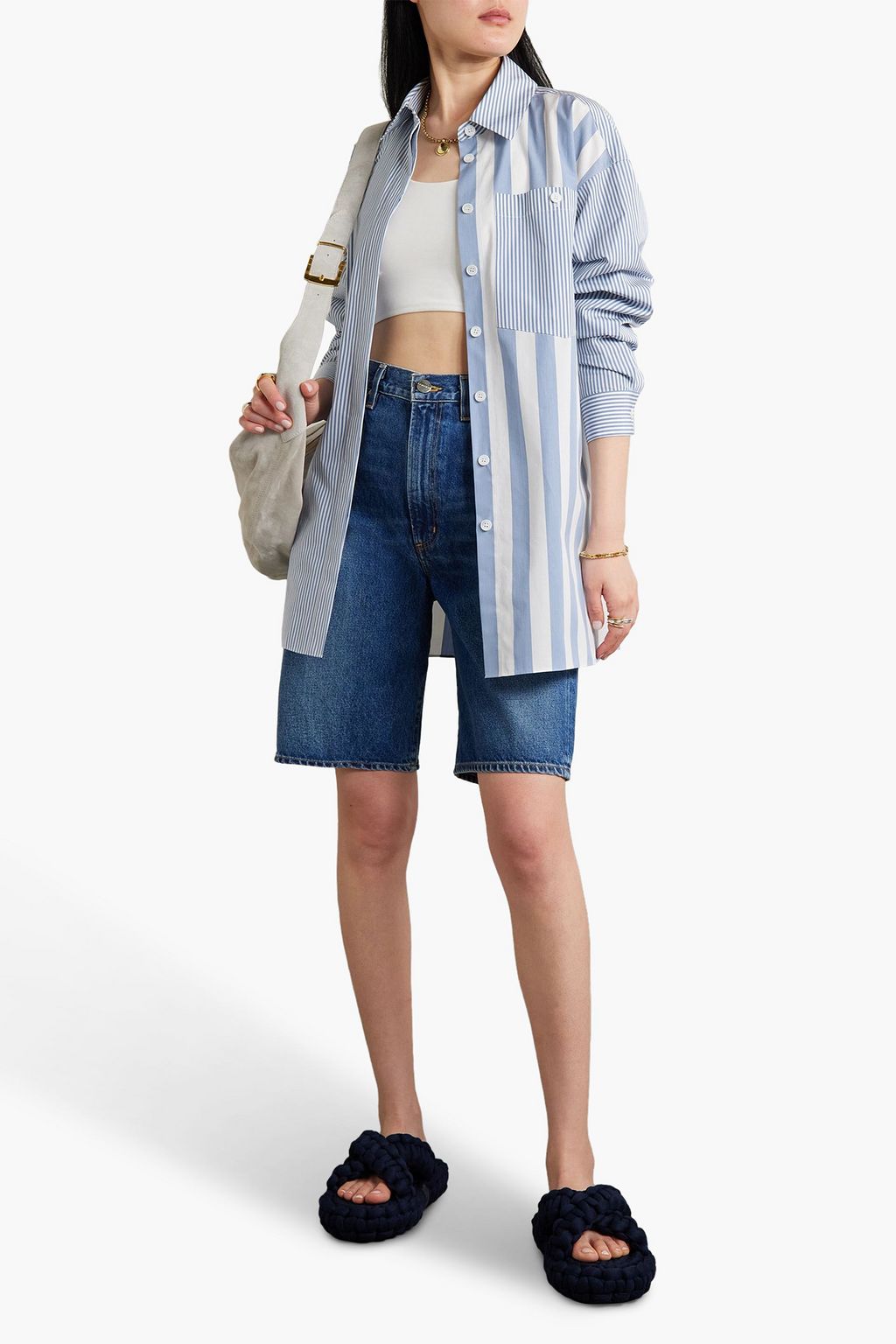LAFAYETTE 148 Scout patchwork-effect striped cotton-poplin shirt