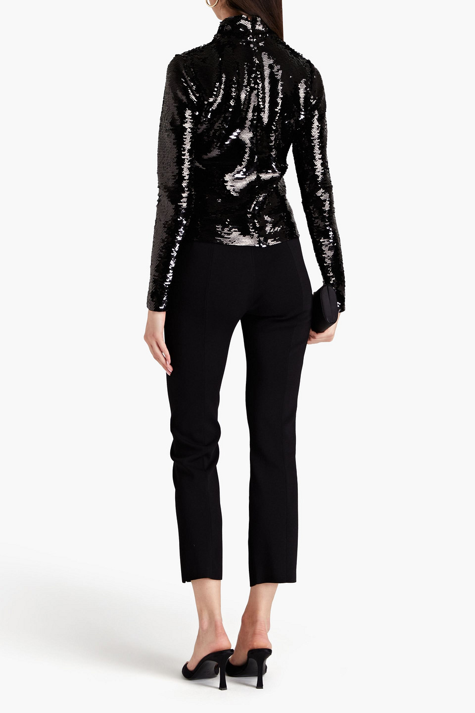 Frame Sequined Cotton And Modal-blend Jersey Turtleneck Top In Black