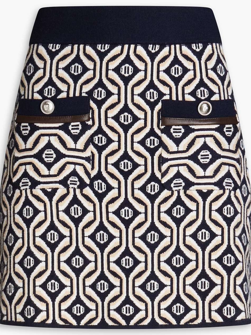 faux leather-trimmed jacquard-knit mini skirt