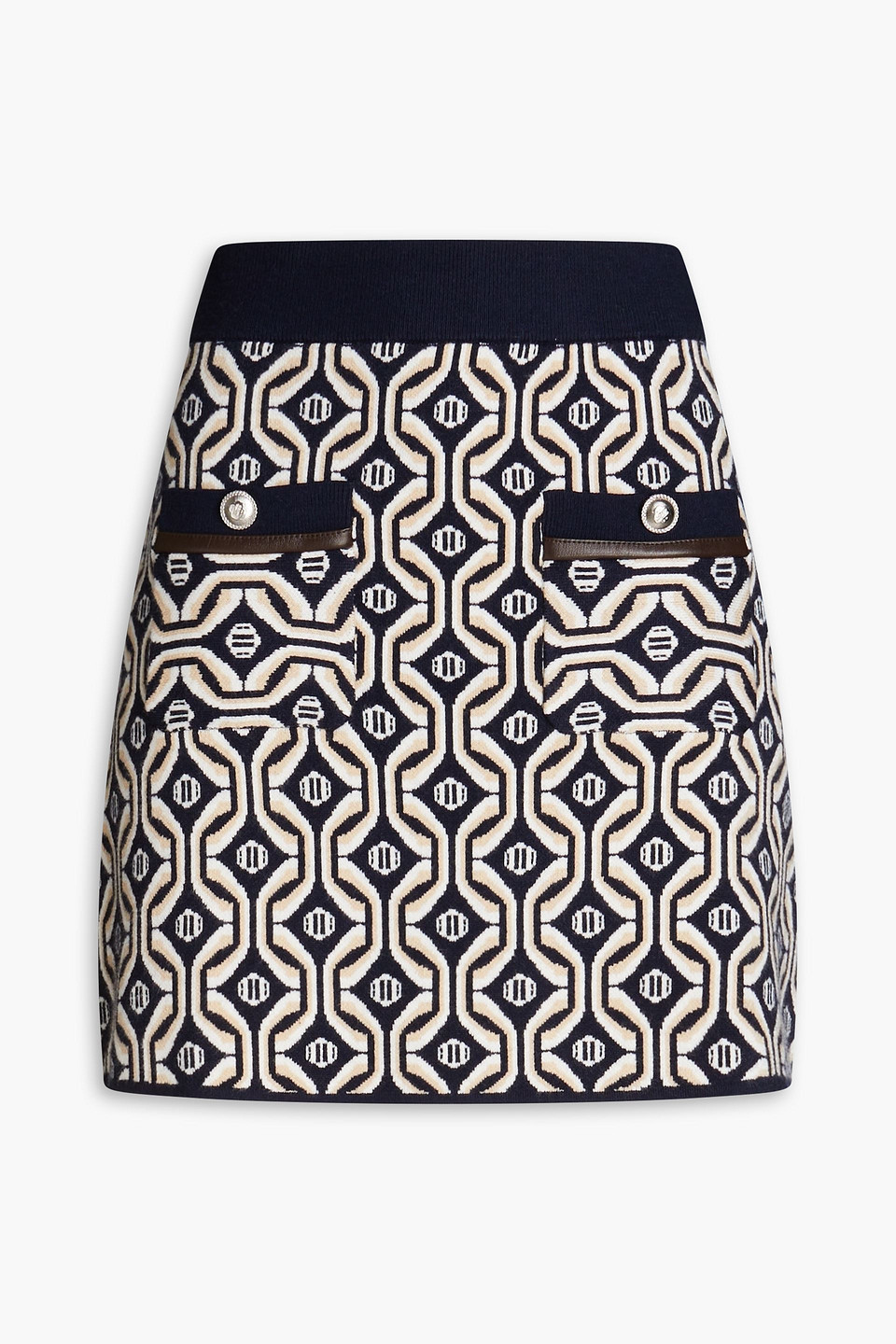 Faux leather-trimmed jacquard-knit mini skirt