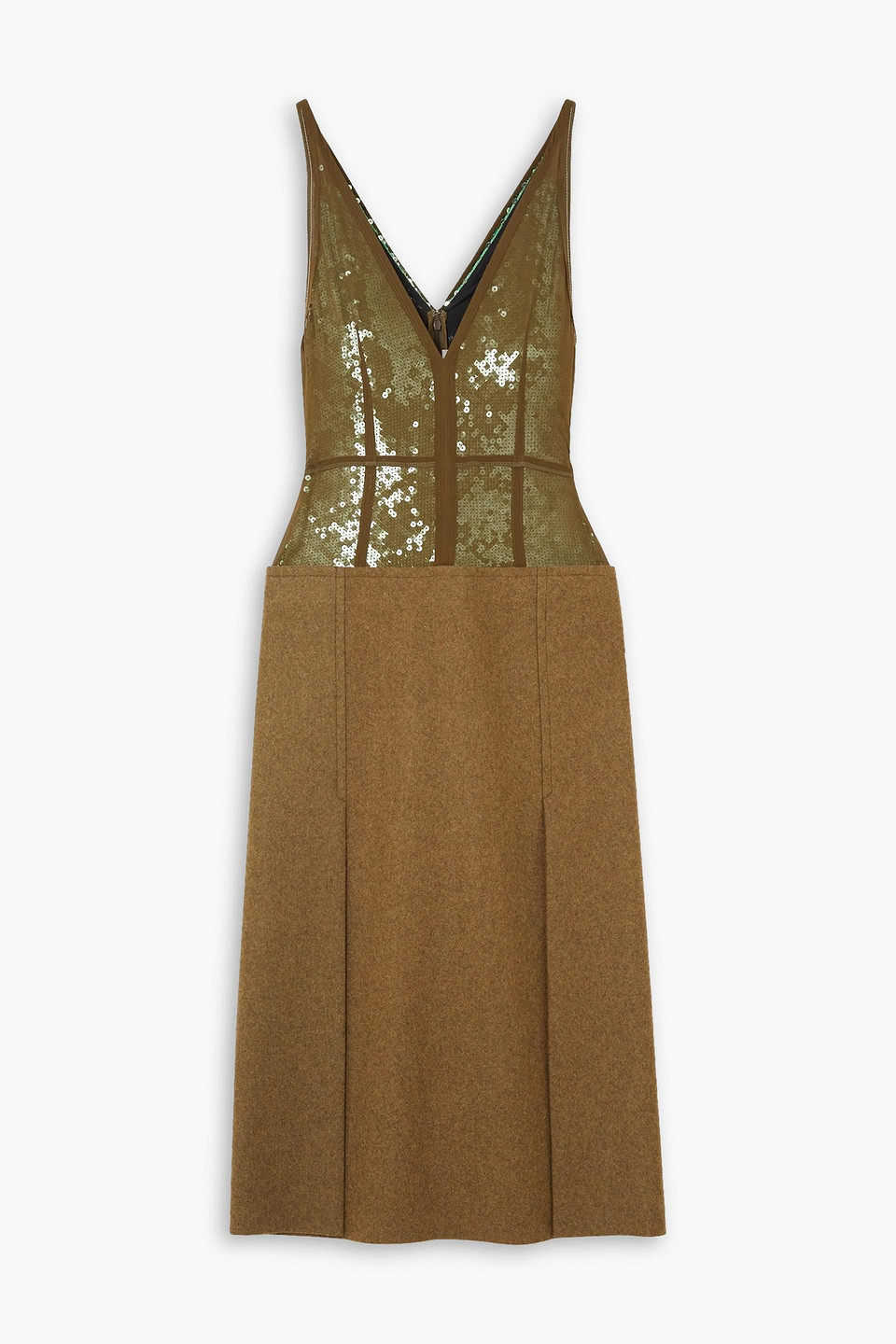 Victoria Beckham Sequined Wool-paneled Silk Midi Dress In Army Green