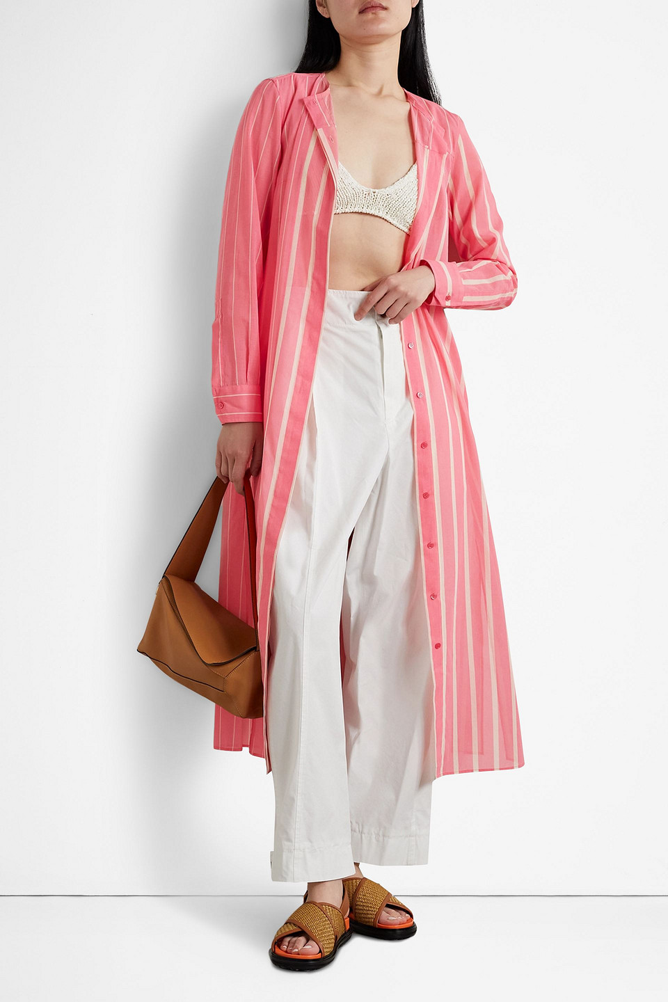 Shop Akris Striped Cotton-voile Midi Shirt Dress In Bubblegum