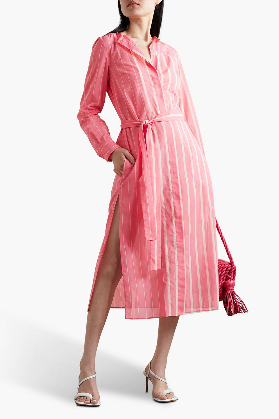 Shop Akris Striped Cotton-voile Midi Shirt Dress In Bubblegum