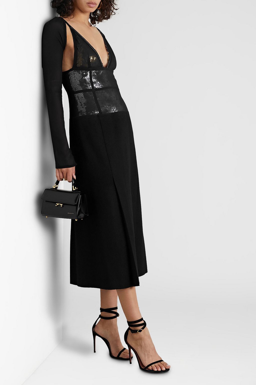 VICTORIA BECKHAM Mehrlagiges Midikleid aus Seidenchiffon und Filz aus einer Merinowollmischung mit Pailletten