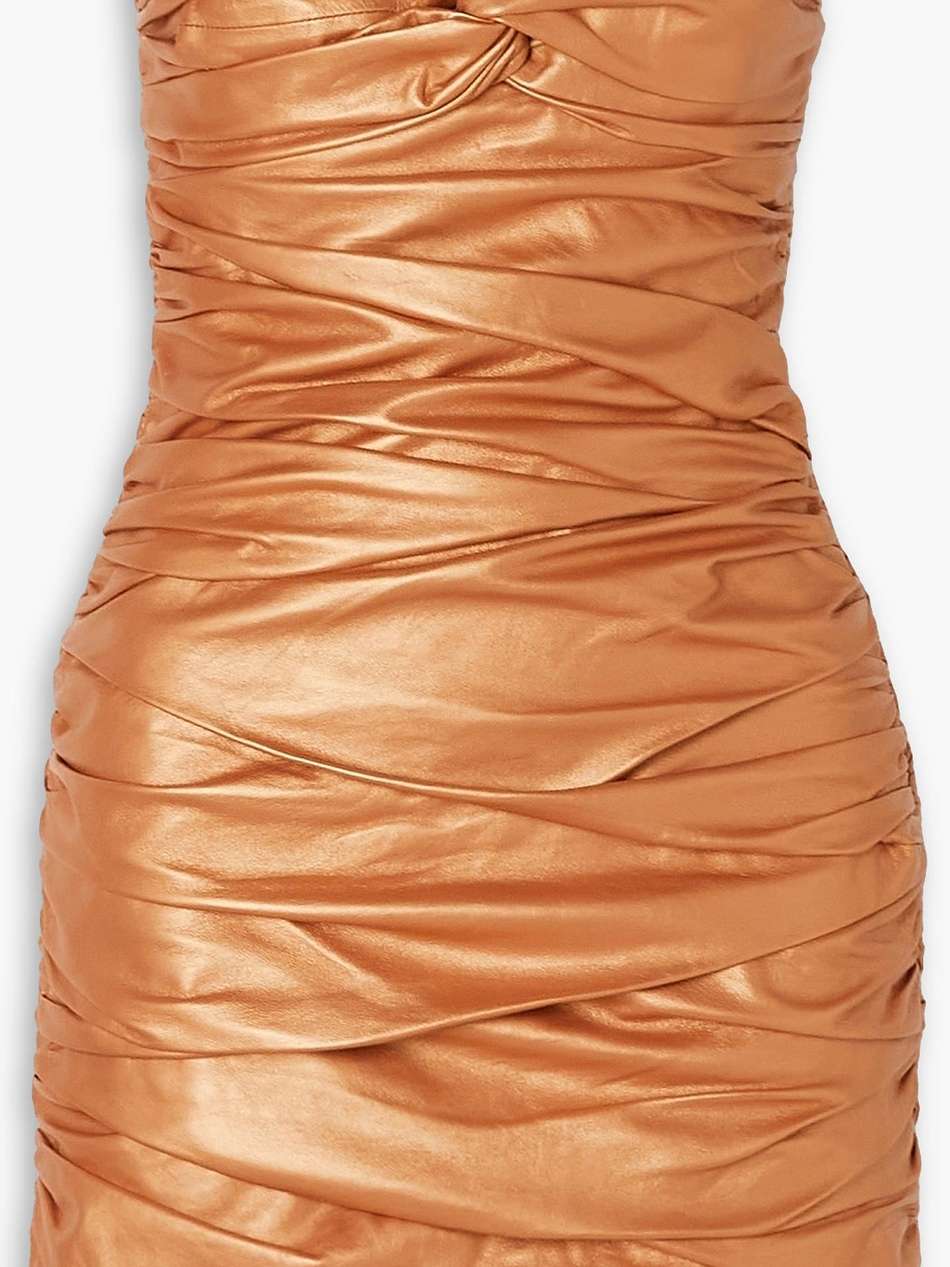 strapless ruched metallic leather mini dress