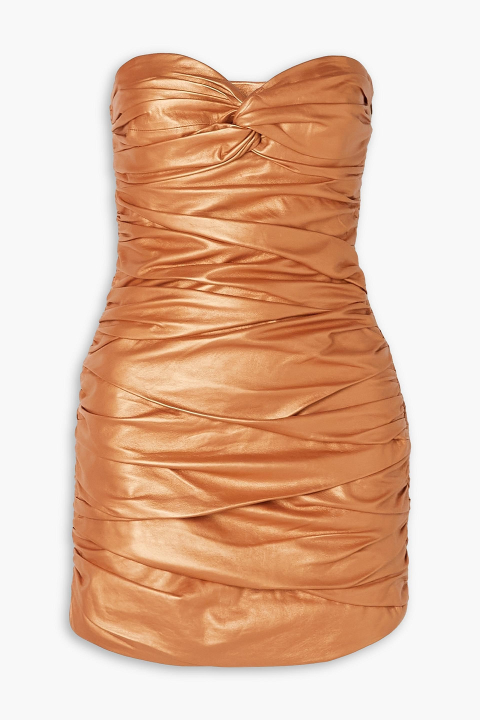 Shop Zeynep Arcay Strapless Ruched Metallic Leather Mini Dress In Copper