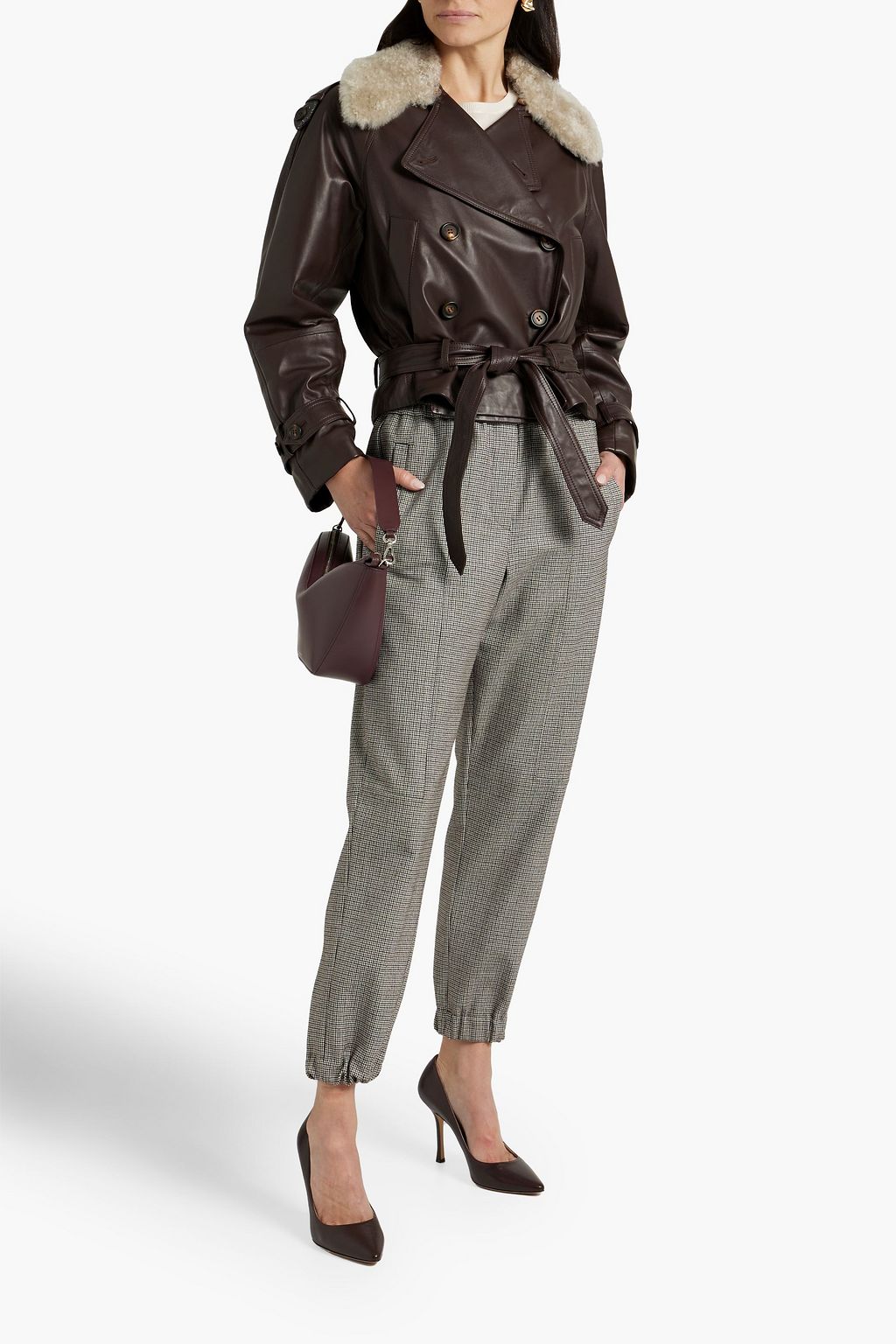 BRUNELLO CUCINELLI Doppelreihige Lederjacke mit Shearling-Besatz