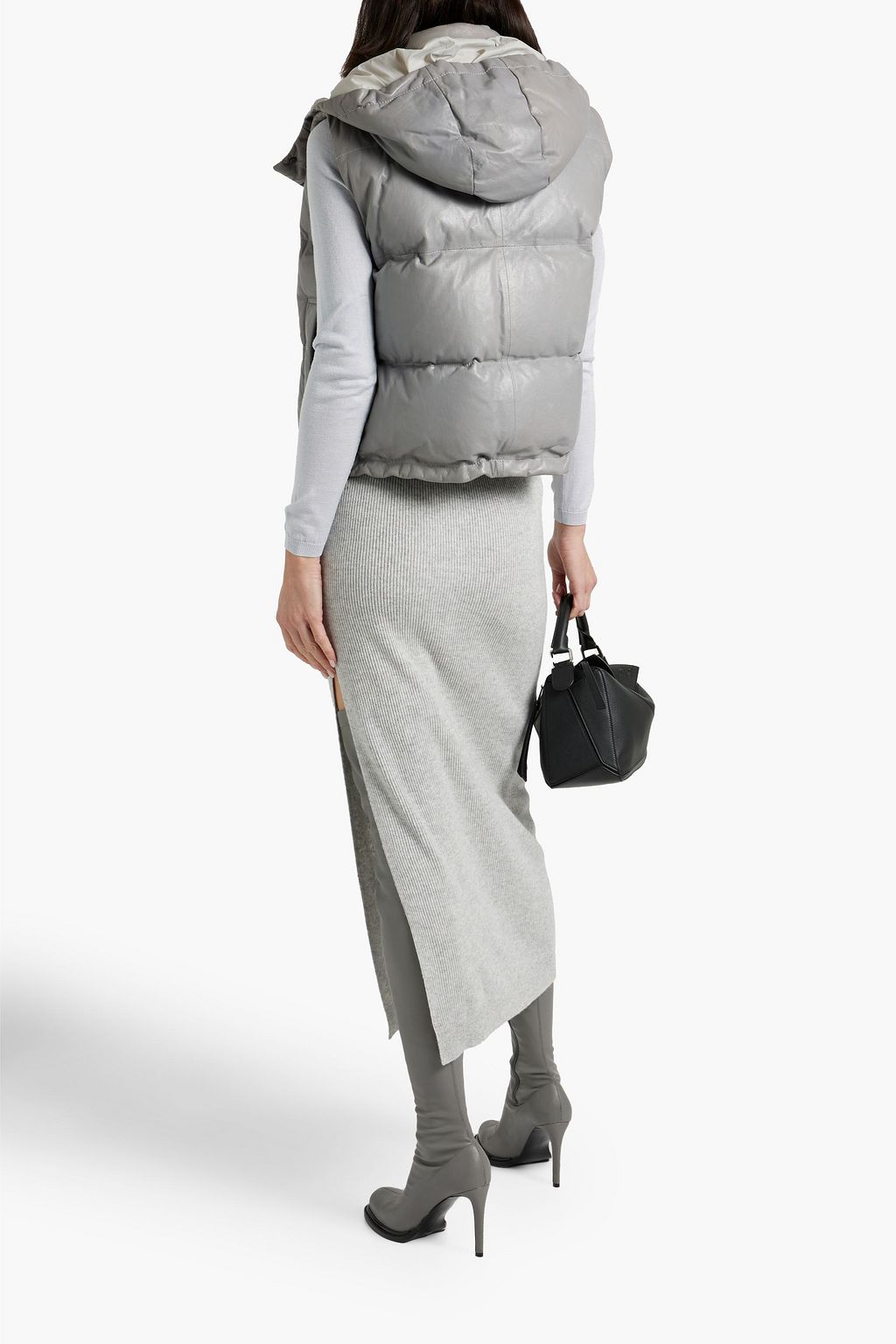 BRUNELLO CUCINELLI Embellished quilted leather hooded down vest