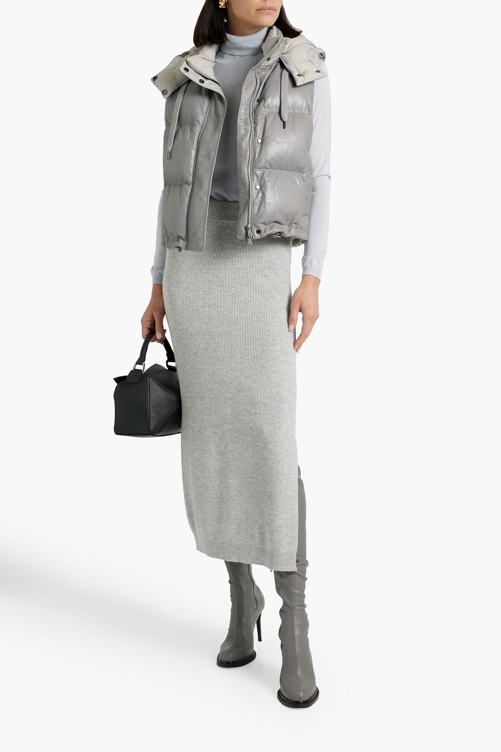 BRUNELLO CUCINELLI Embellished quilted leather hooded down vest