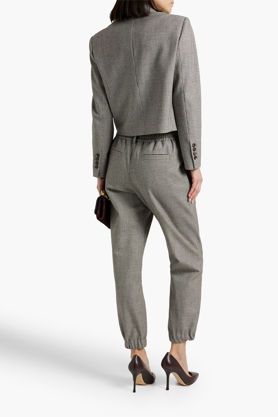 BRUNELLO CUCINELLI CROPPED BEAD-EMBELLISHED HOUNDSTOOTH WOOL-BLEND TWEED BLAZER