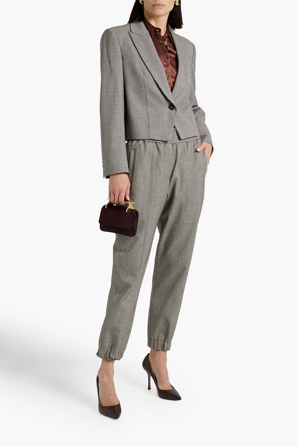 BRUNELLO CUCINELLI CROPPED BEAD-EMBELLISHED HOUNDSTOOTH WOOL-BLEND TWEED BLAZER