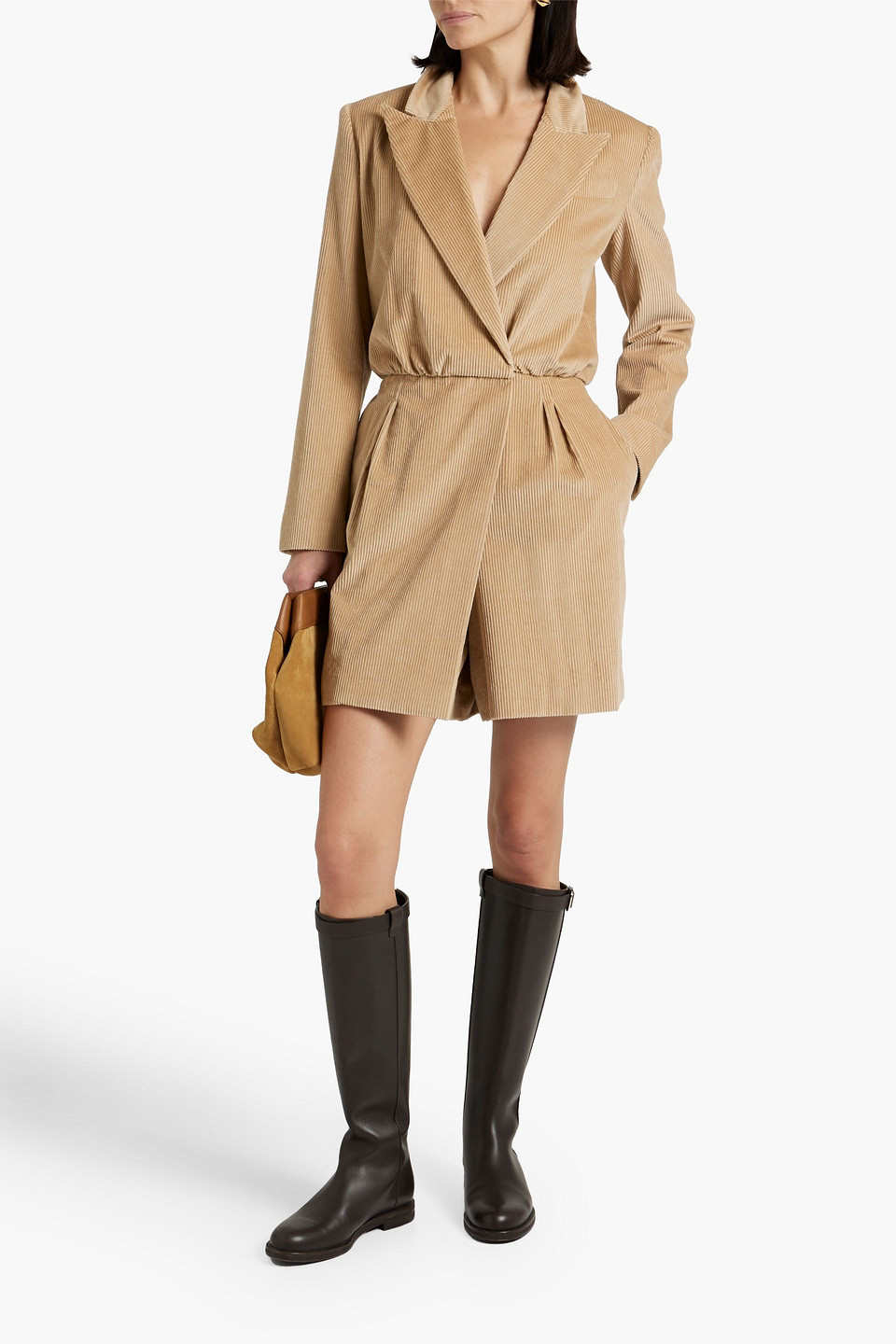 Shop Brunello Cucinelli Wrap-effect Cotton And Cashmere-blend Corduroy Playsuit In Camel