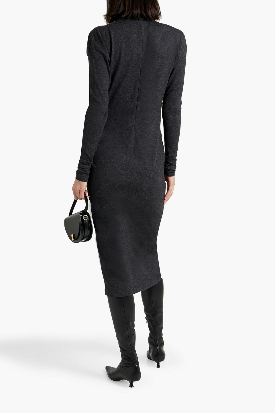 Shop Brunello Cucinelli Wrap-effect Bead-embellished Wool-blend Jersey Dress In Charcoal