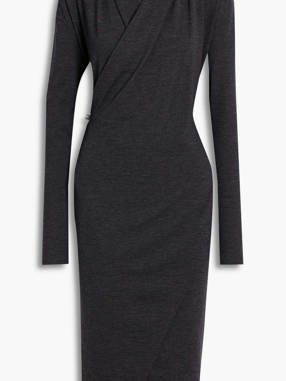 wrap-effect bead-embellished wool-blend jersey dress