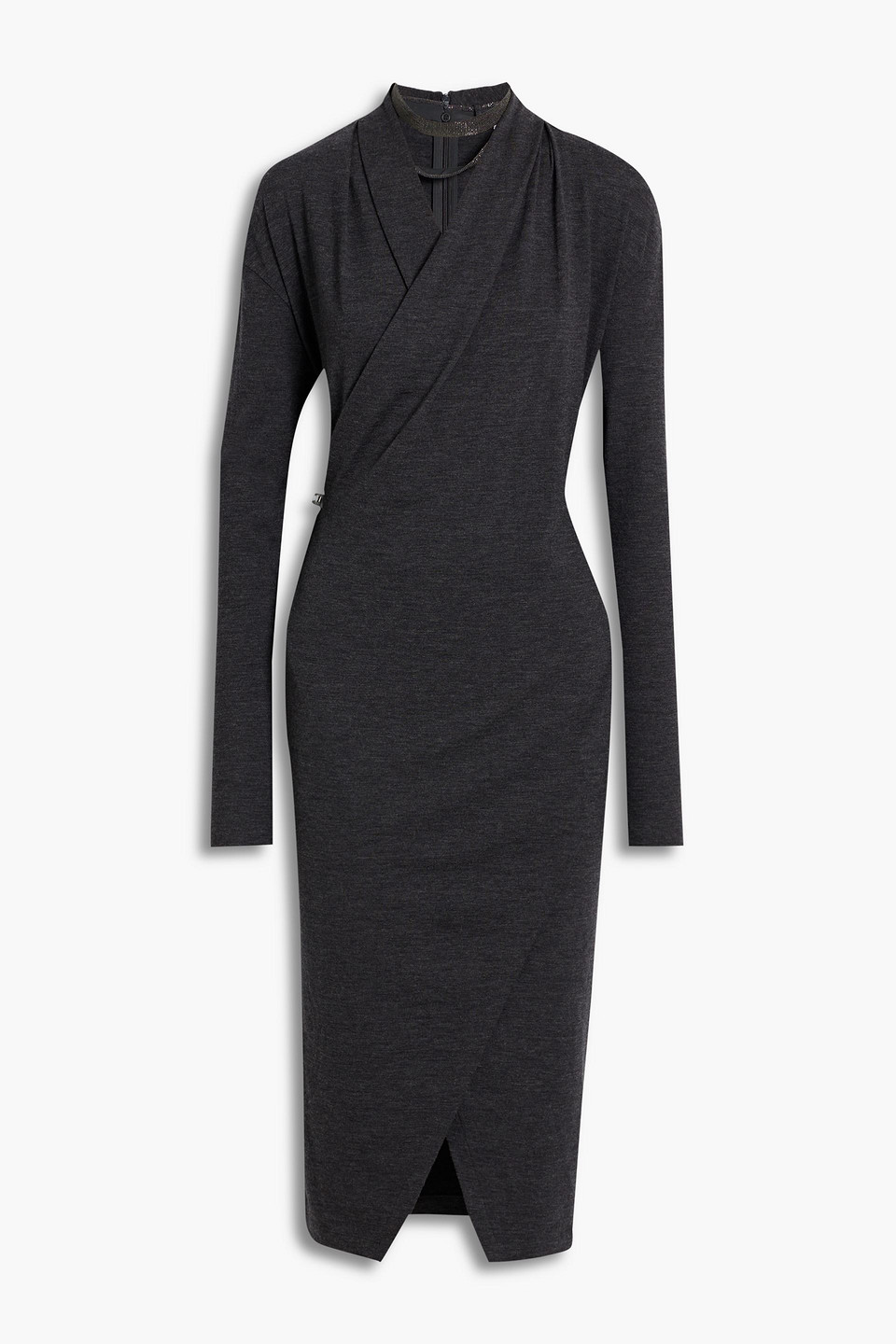 Shop Brunello Cucinelli Wrap-effect Bead-embellished Wool-blend Jersey Dress In Charcoal