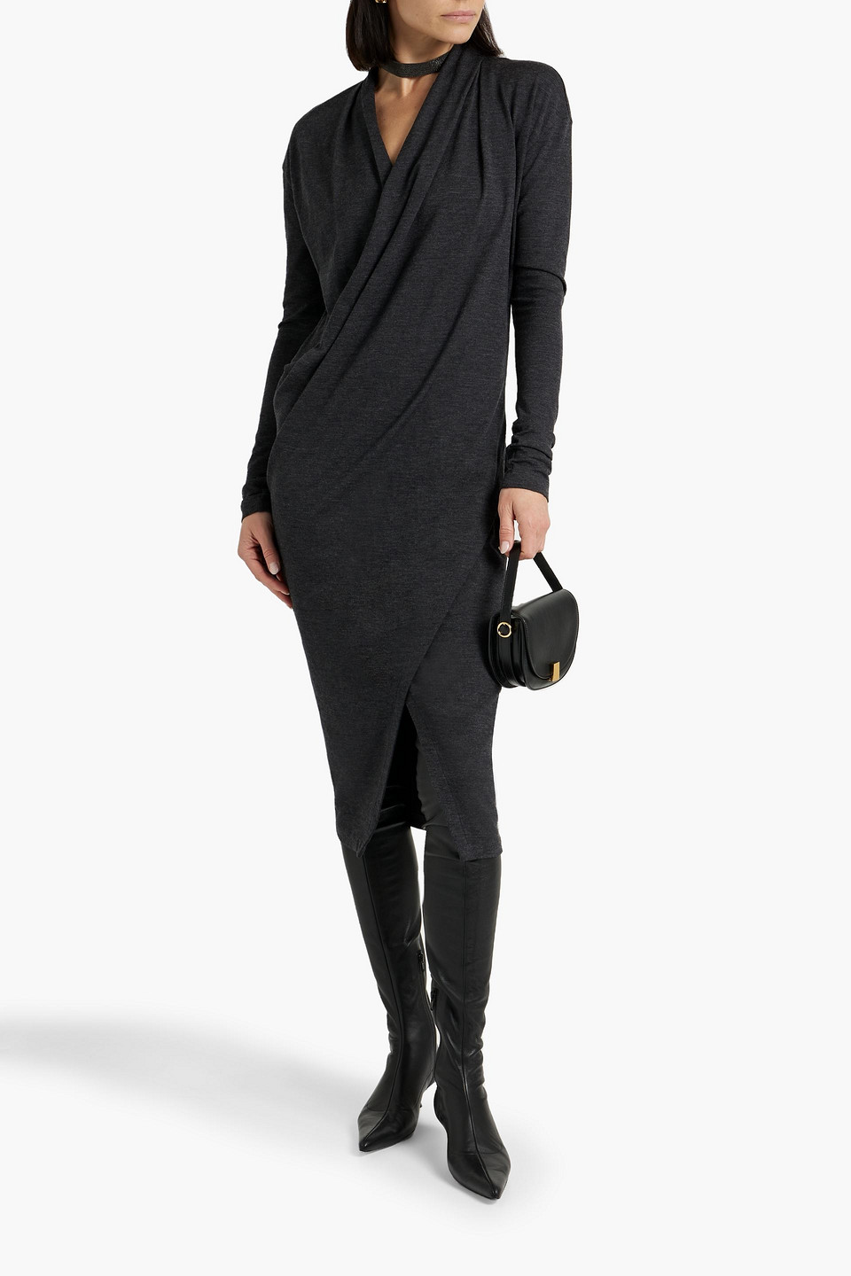 Shop Brunello Cucinelli Wrap-effect Bead-embellished Wool-blend Jersey Dress In Charcoal