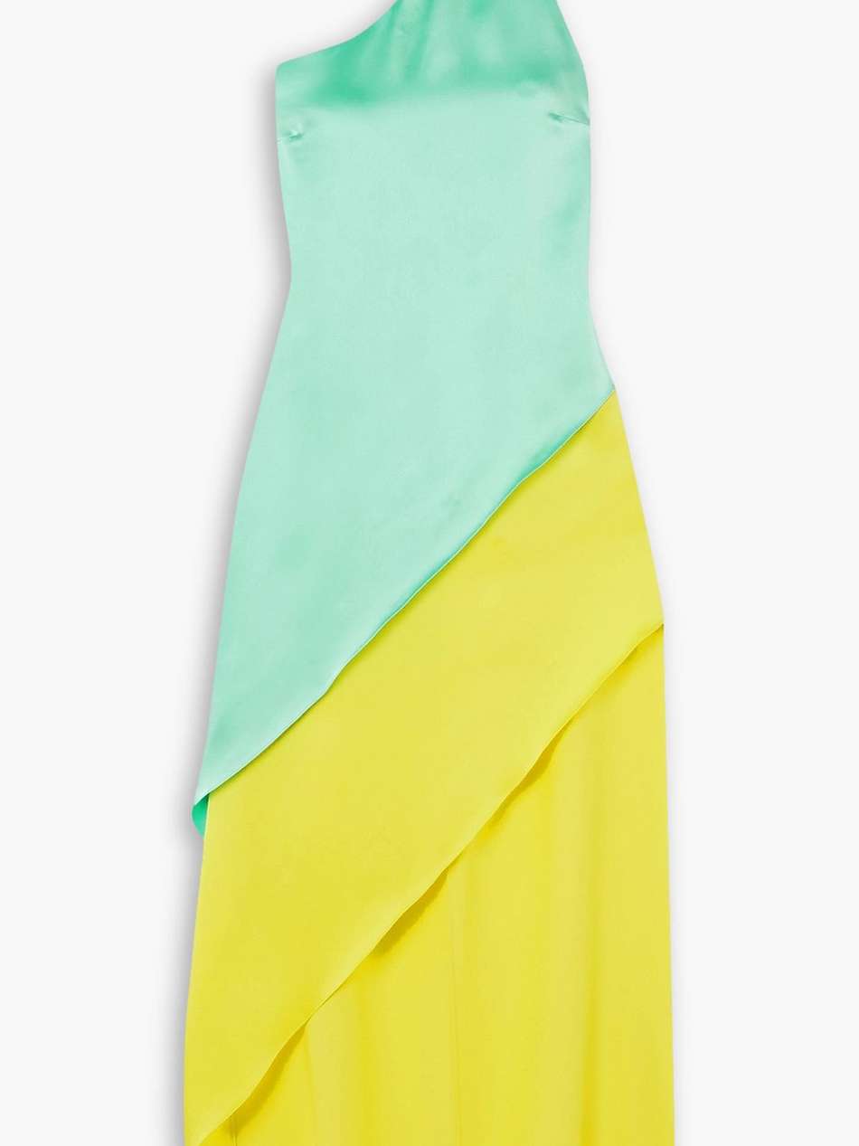 razor one-shoulder two-tone satin midi dress