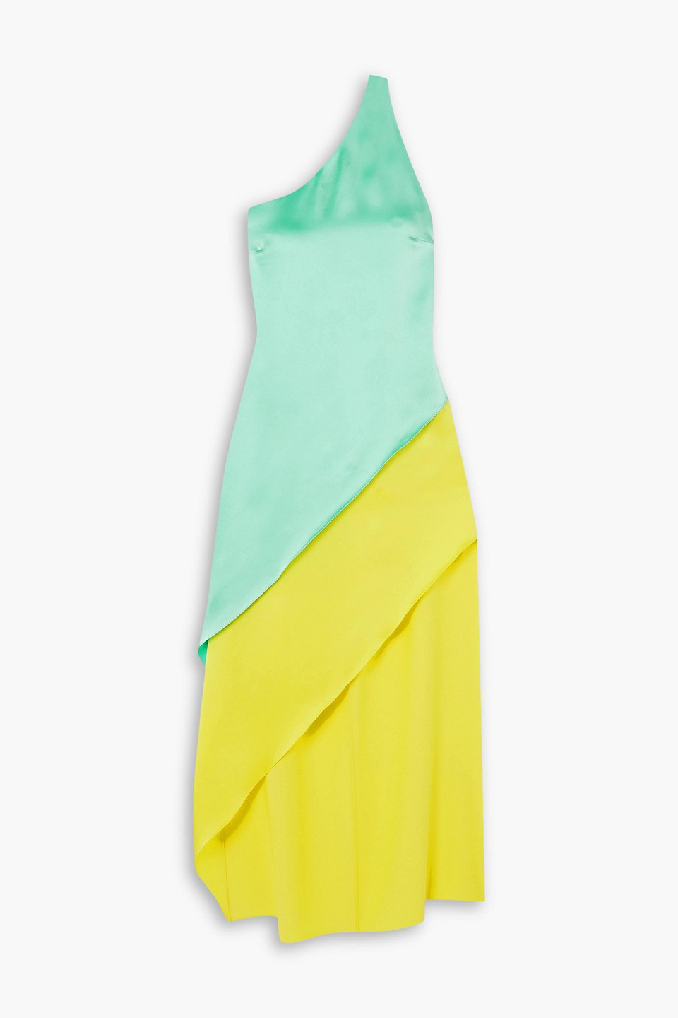 Shop Halpern Razor One-shoulder Two-tone Satin Midi Dress In Yellow