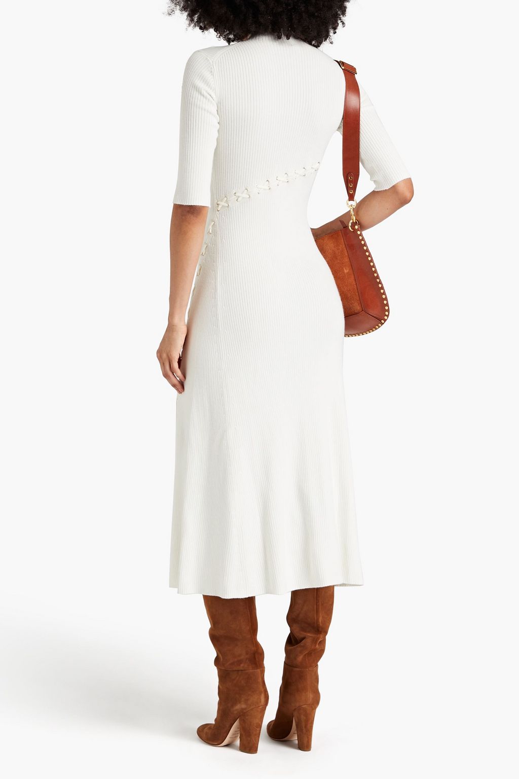 MAJE Lace-up ribbed wool-blend midi dress