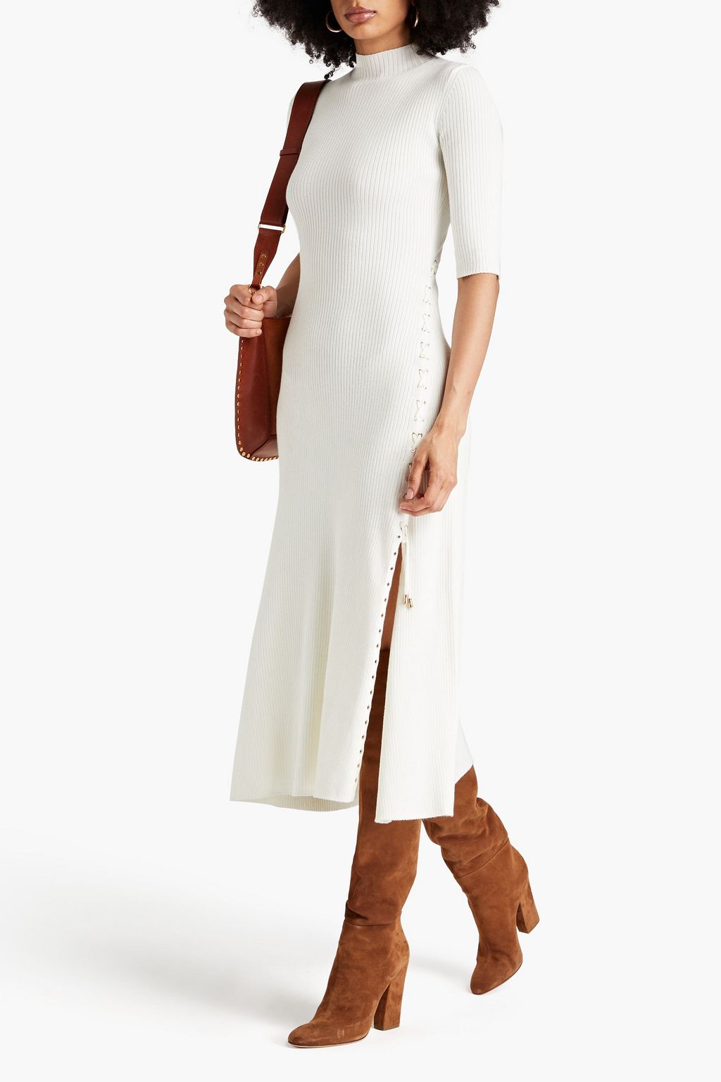 MAJE Lace-up ribbed wool-blend midi dress
