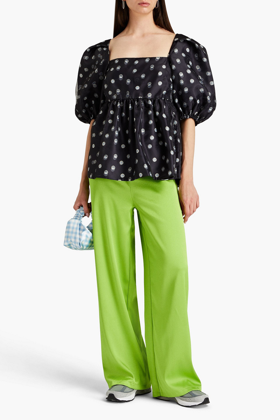 Stine Goya Kinsley Gathered Floral-print Organza Top In Midnight Blue