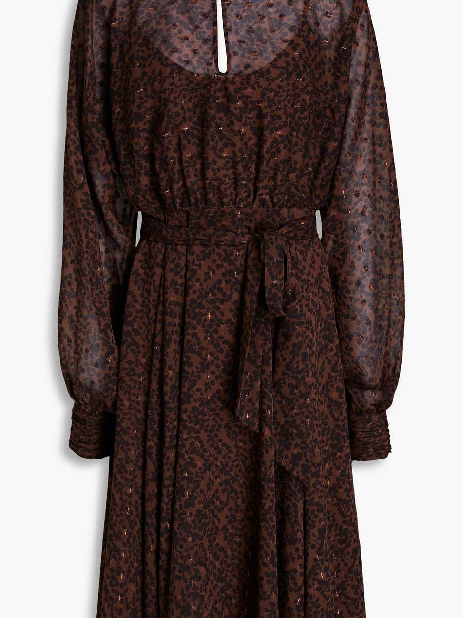 gathered printed metallic fil coupé chiffon midi dress