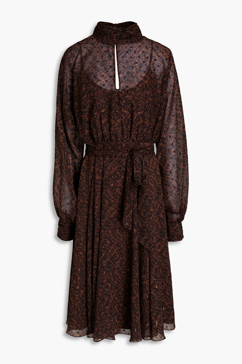 Mikael Aghal Gathered Printed Metallic Fil Coupé Chiffon Midi Dress In Brown