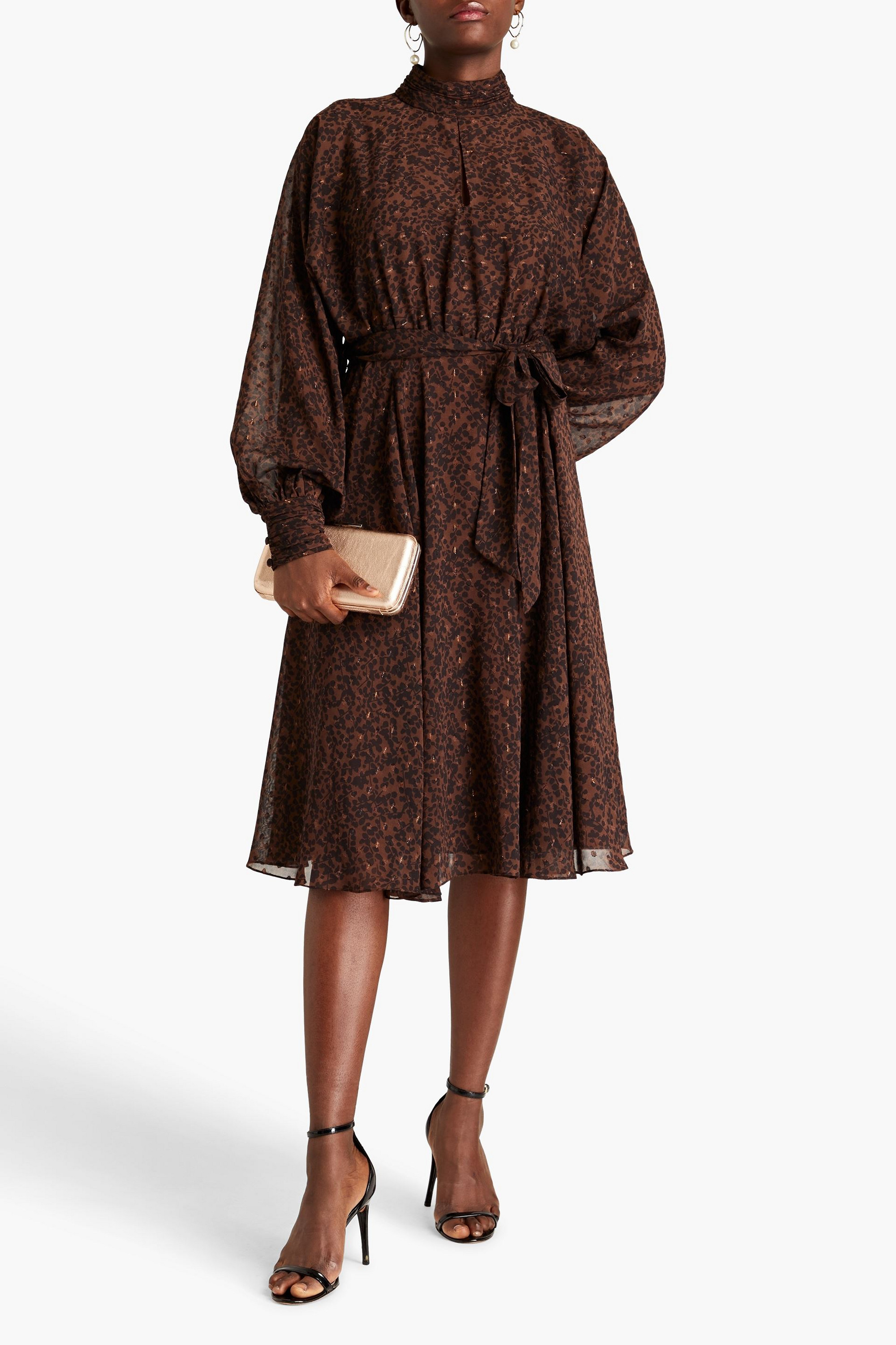 MIKAEL AGHAL Gathered printed metallic fil coupé chiffon midi dress