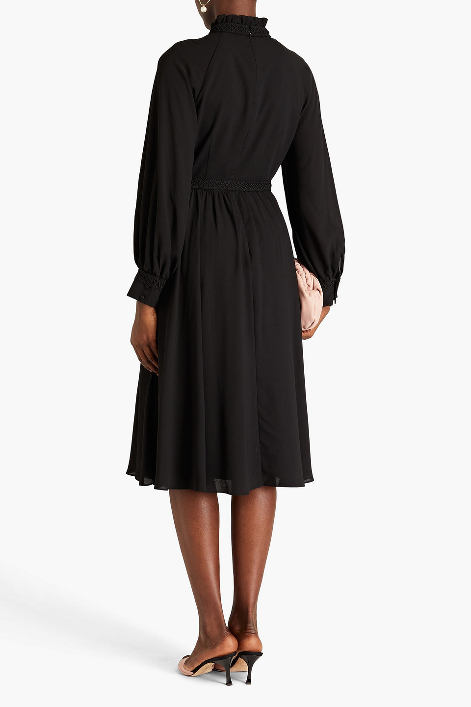 Shop Mikael Aghal Gathered Crepe De Chine Midi Dress In Black