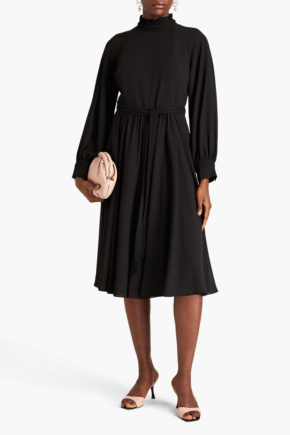 Shop Mikael Aghal Gathered Crepe De Chine Midi Dress In Black